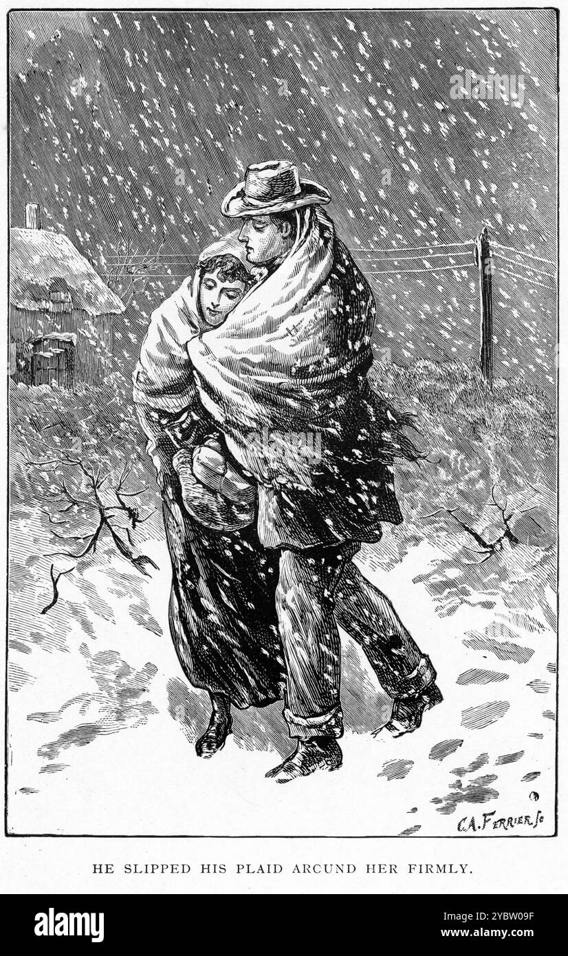 Gravure d'un jeune homme protégeant une femme froide lors d'une tempête de neige. Publié vers 1887 Banque D'Images