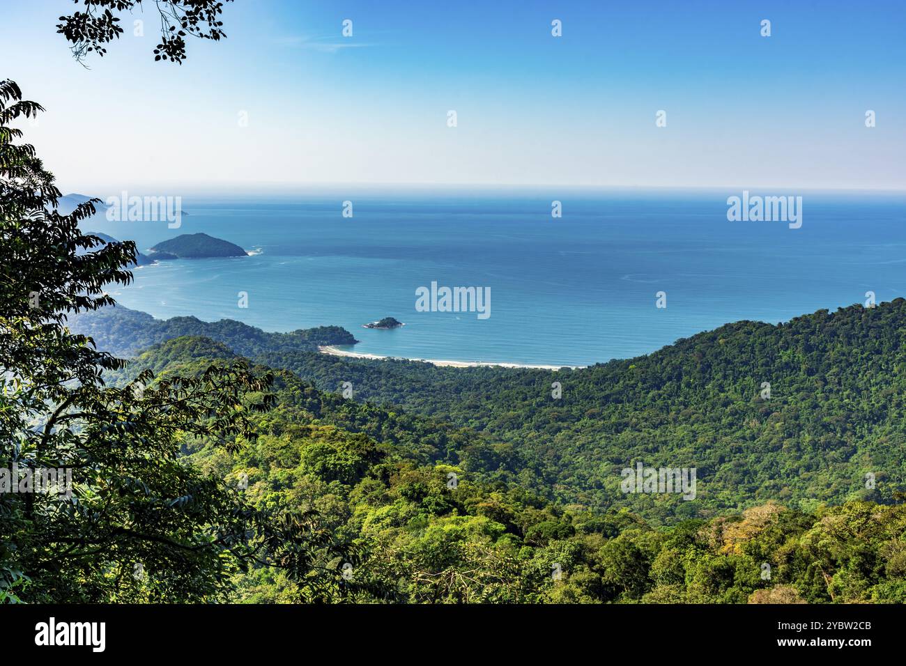 Plage de Castelhanos vue du milieu de la forêt sur l'île d'Ilhabela sur la côte nord de Sao Paulo Banque D'Images Plage de Castelhanos vue du milieu de la forêt sur l'île d'Ilhabela sur la côte nord de Sao Paulo Banque D'Images
