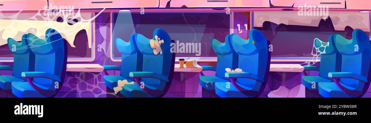 Train abandonné à l'intérieur avec des sièges endommagés par fenêtre cassée. Illustration de dessin animé vectoriel de la vieille voiture de tourisme, compartiment de métro sale avec chaise poussiéreuse Illustration de Vecteur