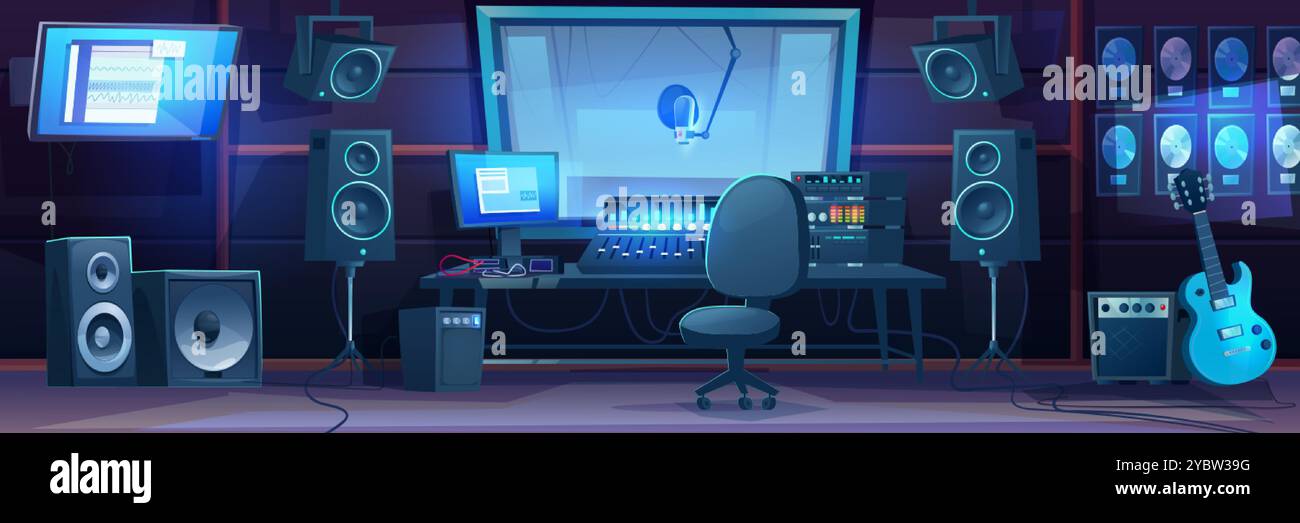 Intérieur de studio d'enregistrement de musique avec mixeur sur le bureau et le moniteur, microphone dans la cabine de son derrière le verre, haut-parleurs et guitare. Illustration vectorielle de dessin animé Illustration de Vecteur