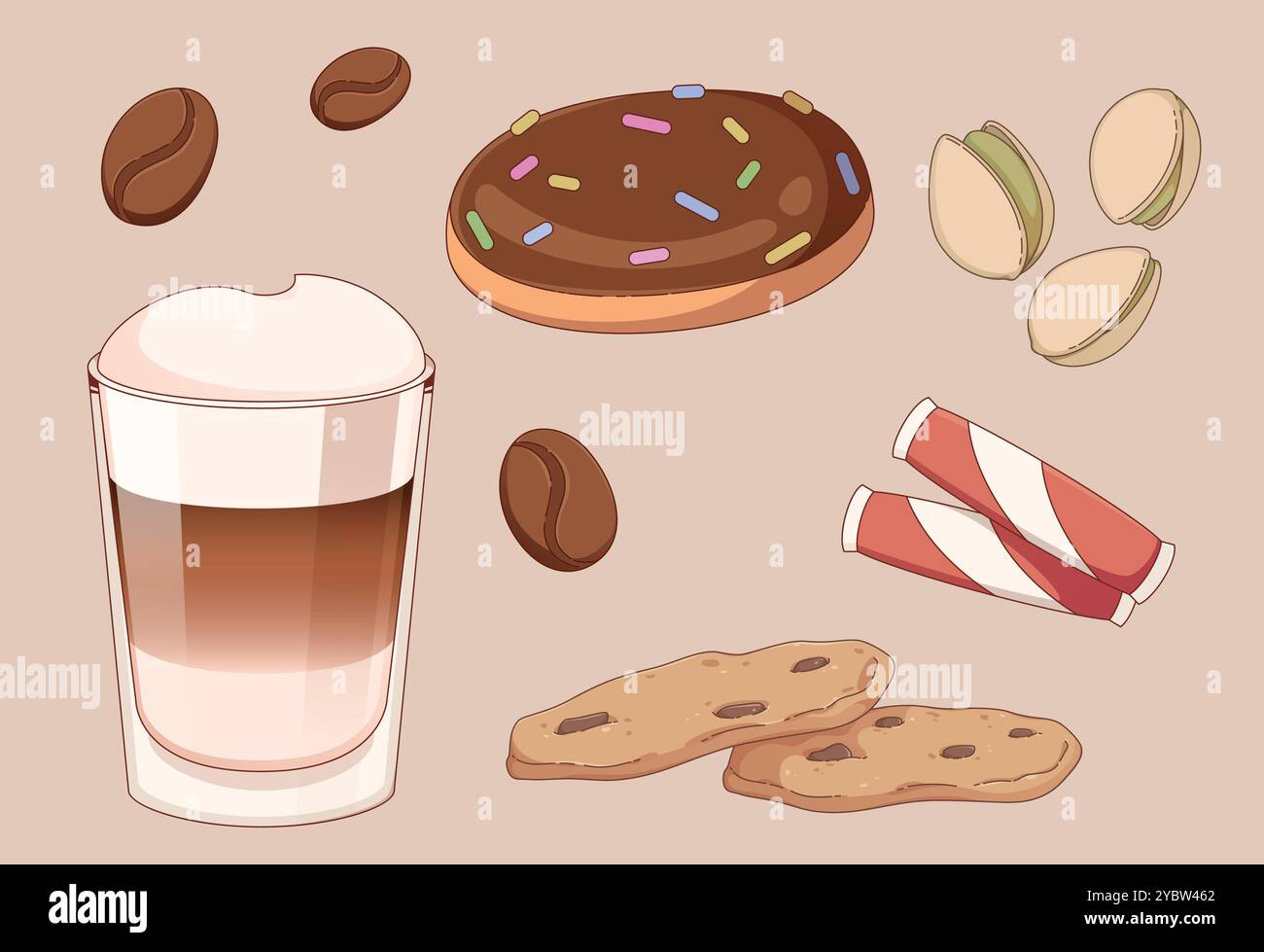 Café frais chaud avec du lait et de la crème dans une tasse en verre avec des desserts sucrés et des additifs pour la conception de café barista - biscuits avec des pépites de chocolat et du glaçage, Illustration de Vecteur