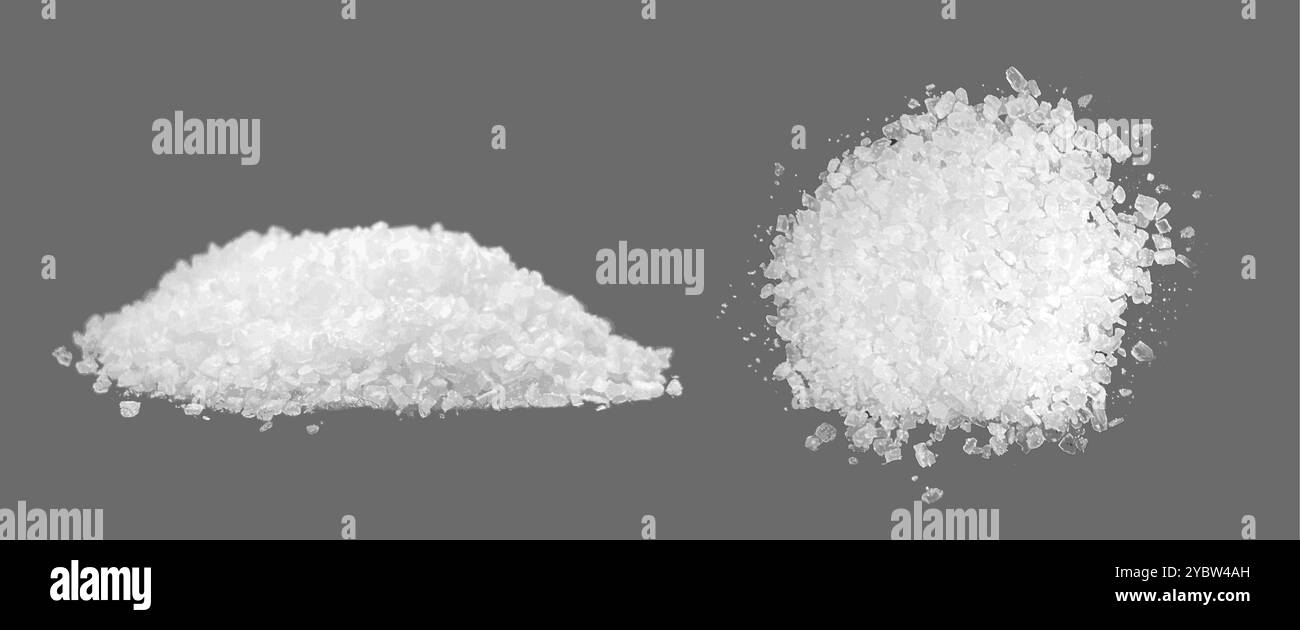 Vue supérieure et latérale réaliste de pile de poudre de cristal de sel ou de sucre sur fond gris. ensemble d'illustration vectorielle 3d de tas de granulés d'assaisonnement broyés. Blanc Illustration de Vecteur