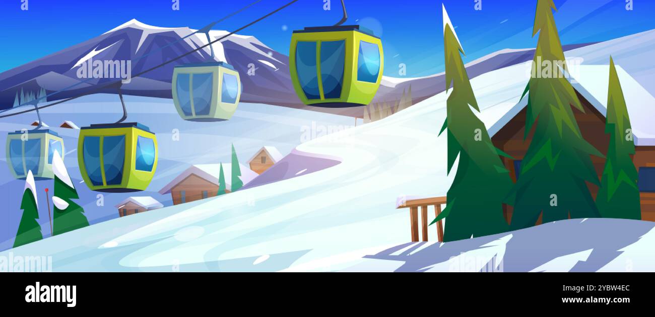 Station de ski d'hiver avec téléphériques dans les montagnes. Illustration de dessin animé vectoriel de télécabine transportant des touristes au-dessus de la pente enneigée, maisons de chalet en bois Illustration de Vecteur