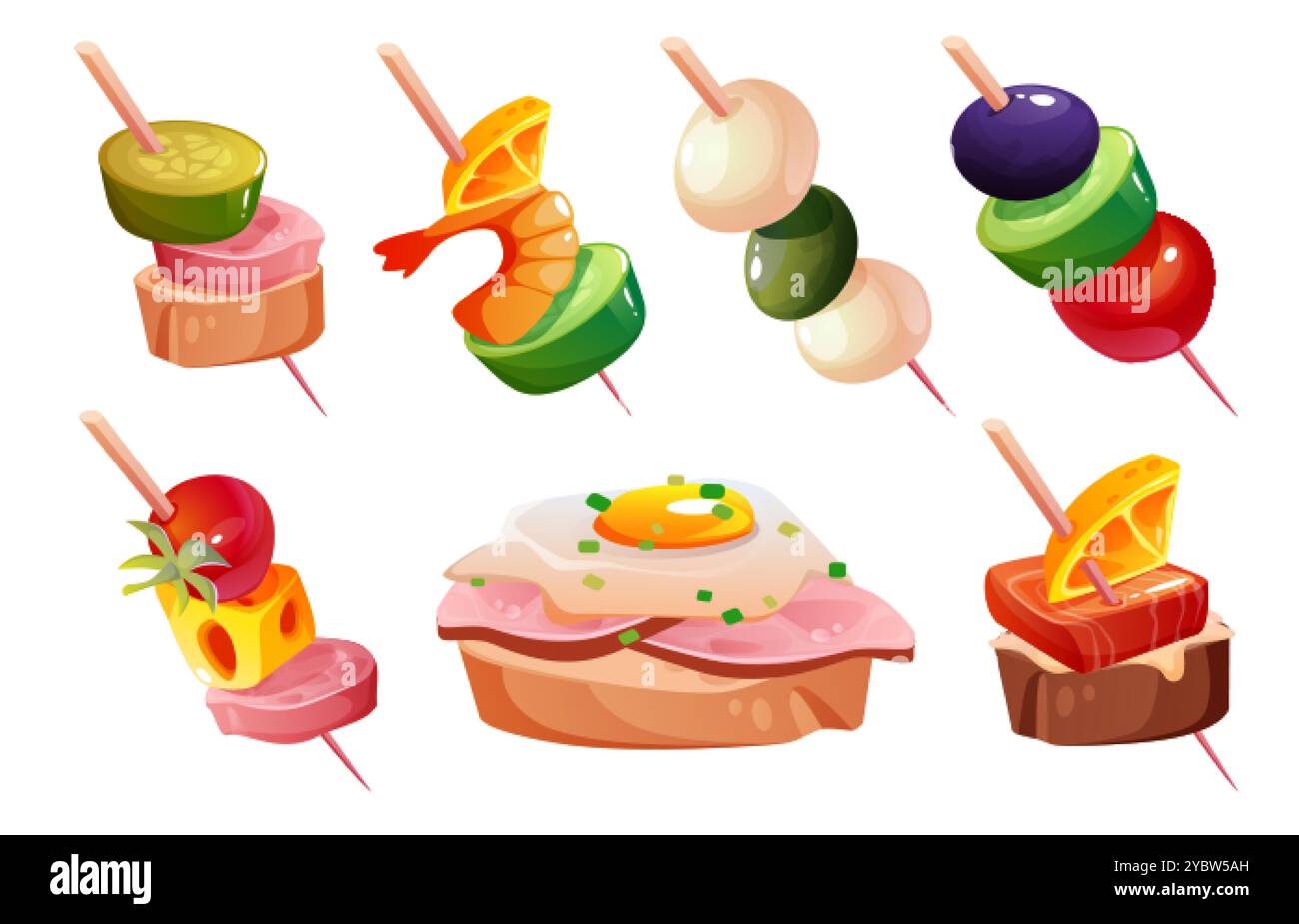 Amuse-gueule pour le menu buffet - hors-d'œuvre et bruschetta avec jambon et oeuf. Ensemble de vecteur de dessin animé de petit sandwich de départ sur brochette de cure-dents avec Illustration de Vecteur