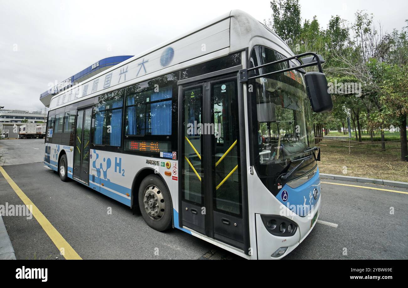 Pékin, Chine. 20 août 2024. Un bus à hydrogène circule sur une route dans le district de Daxing de Pékin, capitale de la Chine, le 20 août 2024. Crédit : Li Xin/Xinhua/Alamy Live News Banque D'Images