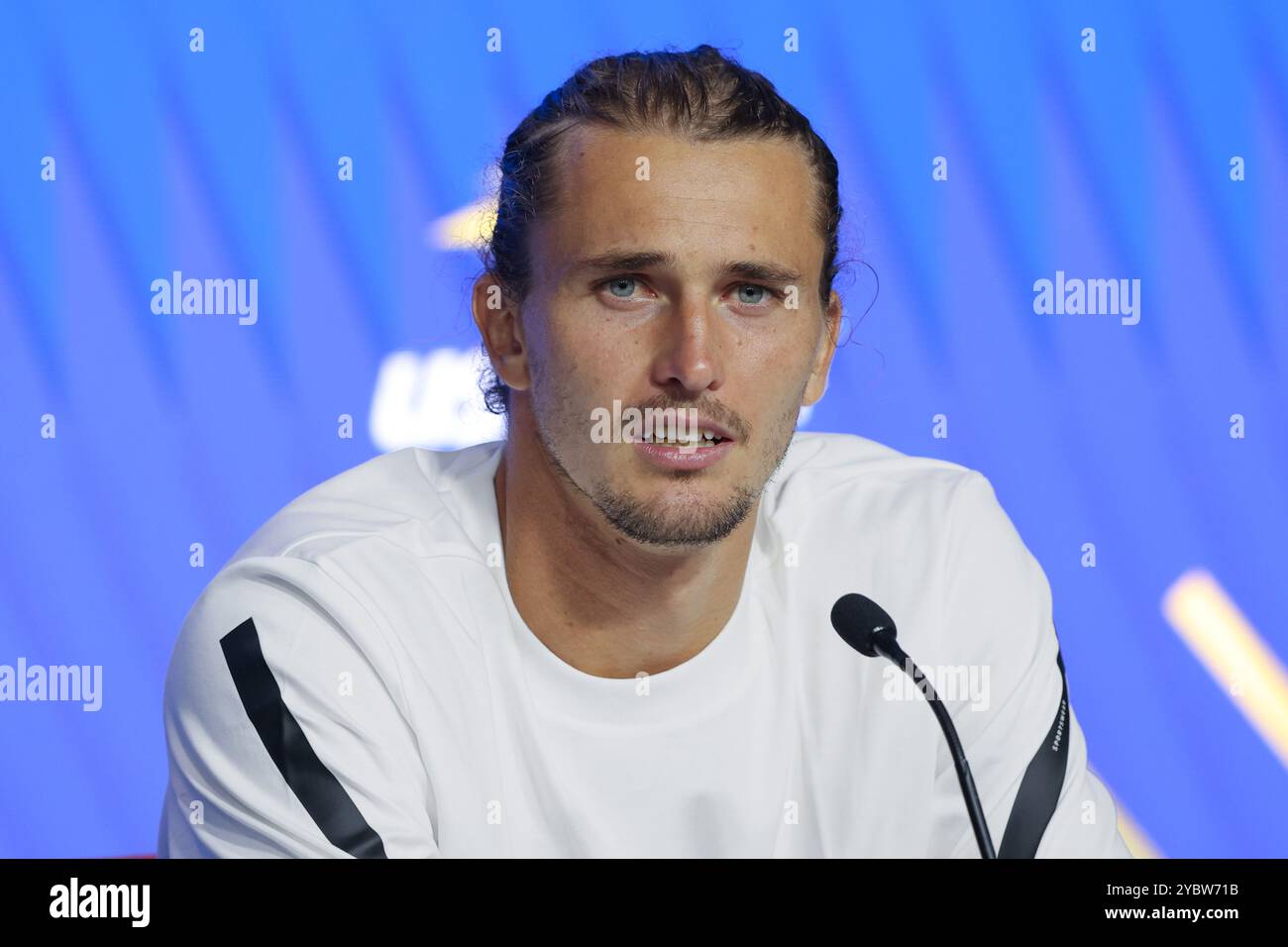 Joueur de tennis allemand Alexander Zverev lors d'une conférence de presse aux US Open 2024 Championships, Billie Jean King Tennis Center, Queens, New York, Banque D'Images