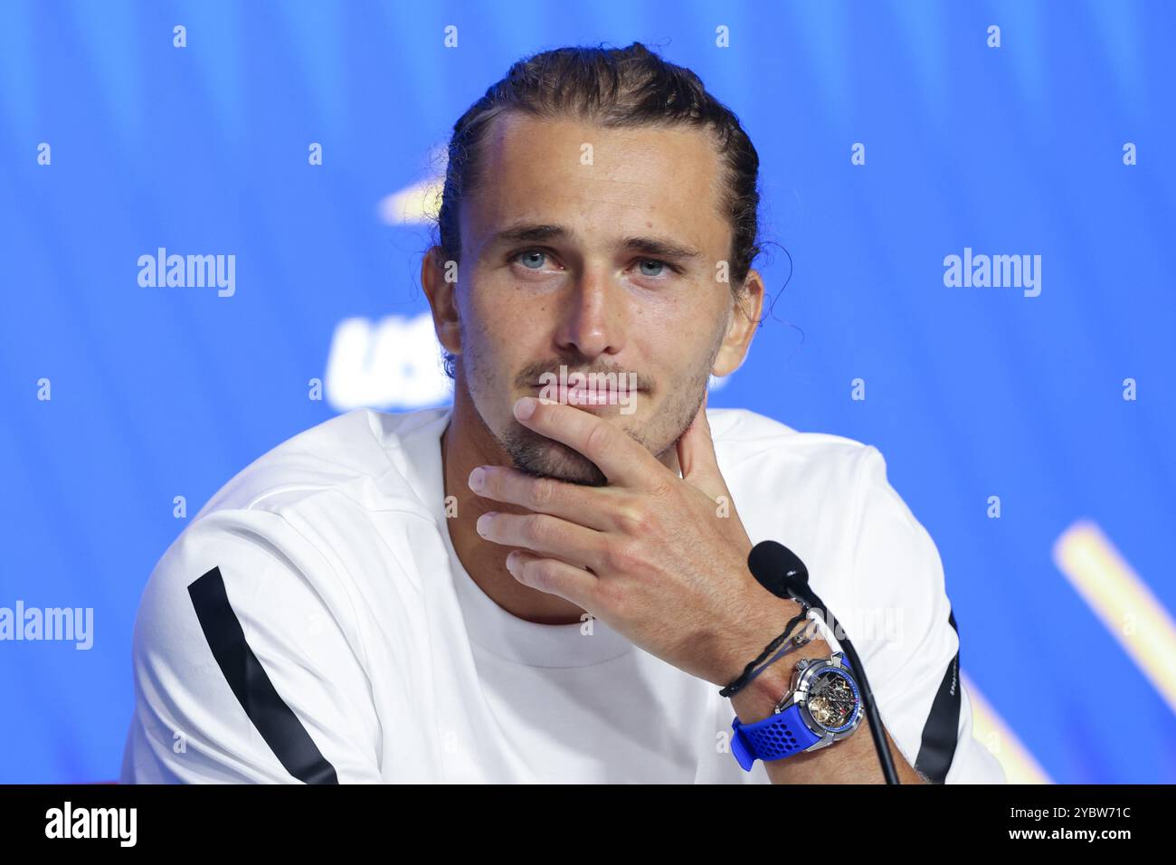 Joueur de tennis allemand Alexander Zverev lors d'une conférence de presse aux US Open 2024 Championships, Billie Jean King Tennis Center, Queens, New York, Banque D'Images