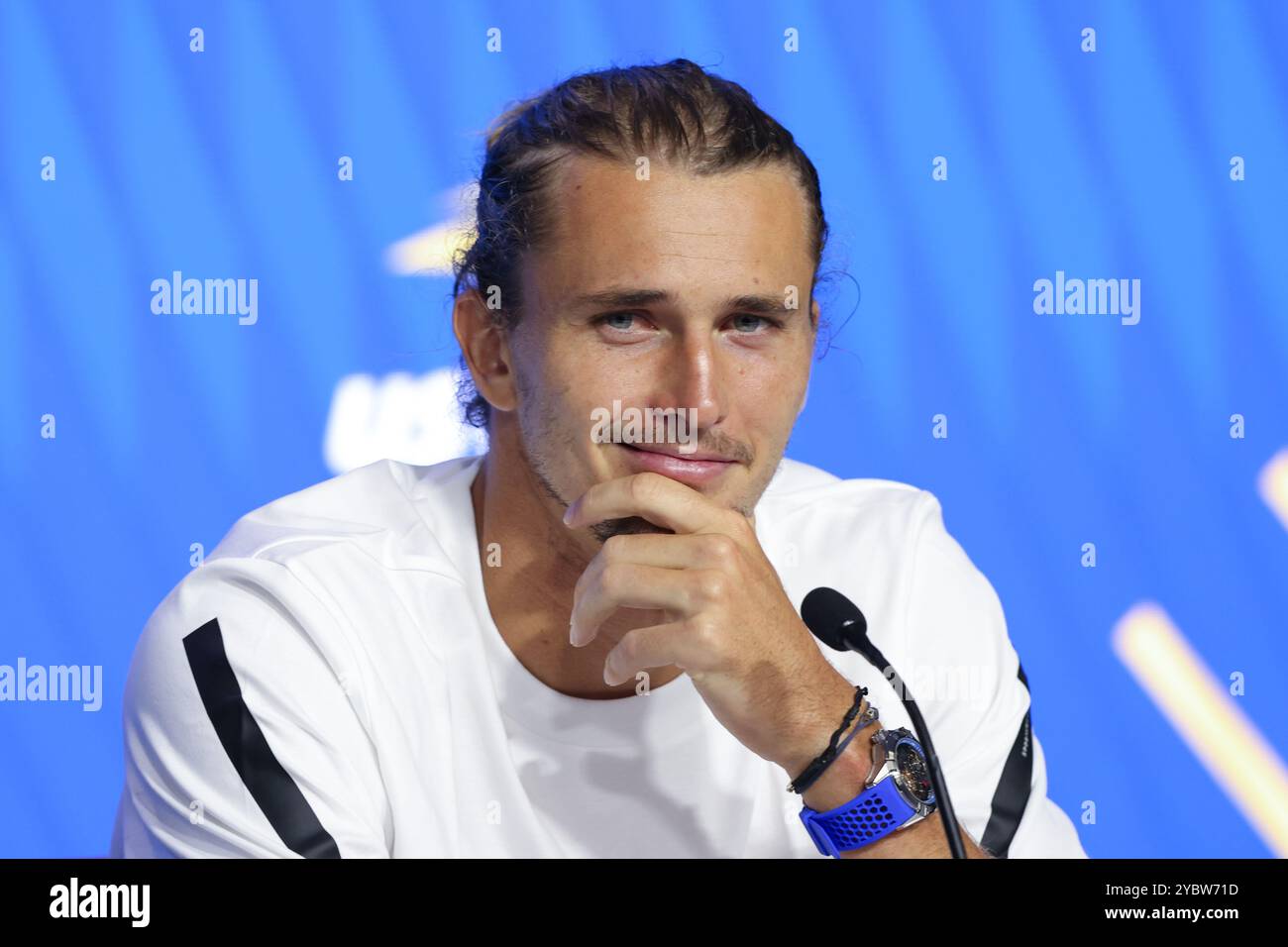 Joueur de tennis allemand Alexander Zverev lors d'une conférence de presse aux US Open 2024 Championships, Billie Jean King Tennis Center, Queens, New York, Banque D'Images