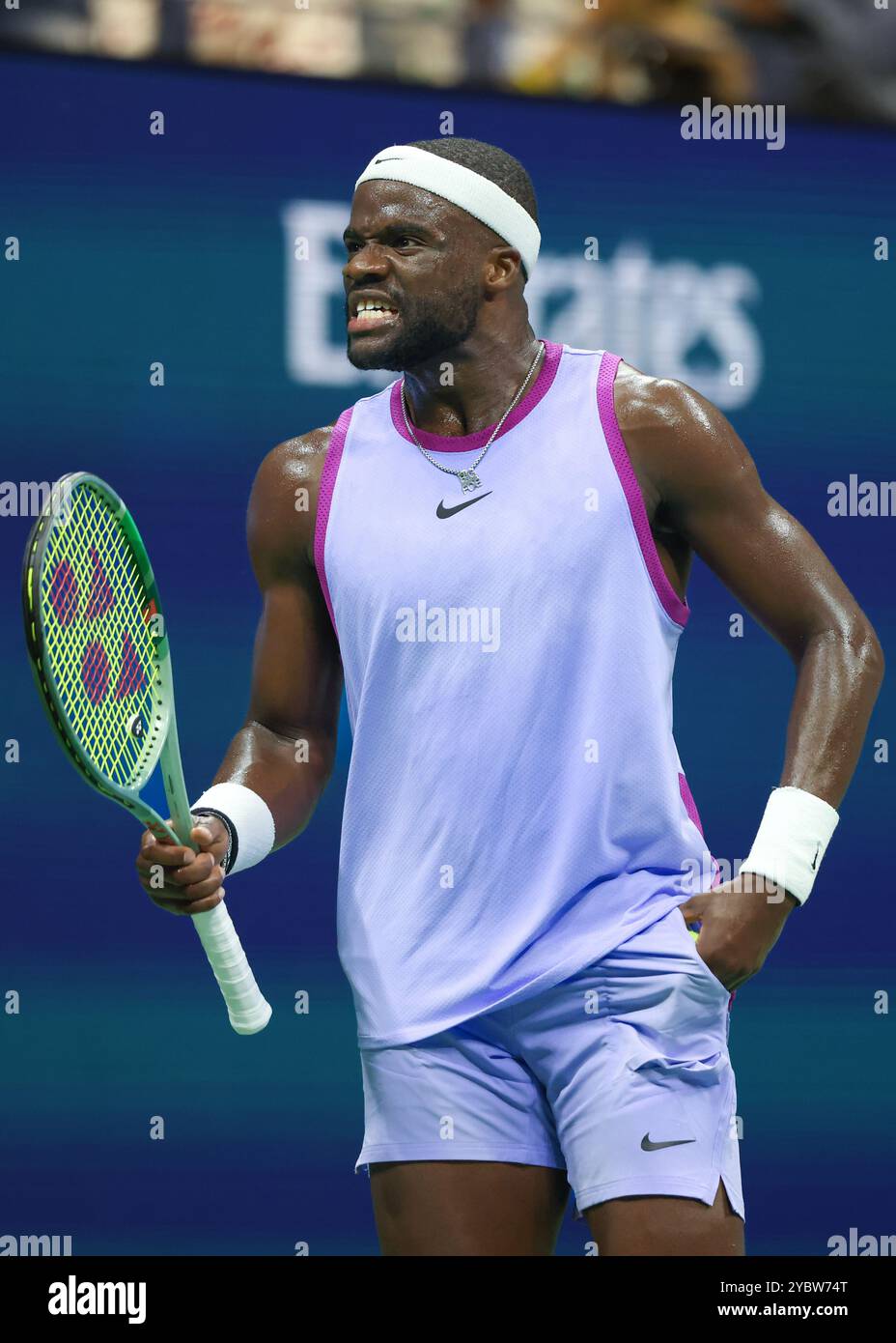 La joueuse de tennis Frances Tiafoe célèbre aux US Open 2024 Championships, Billie Jean King Tennis Center, Queens, New York, États-Unis. Banque D'Images