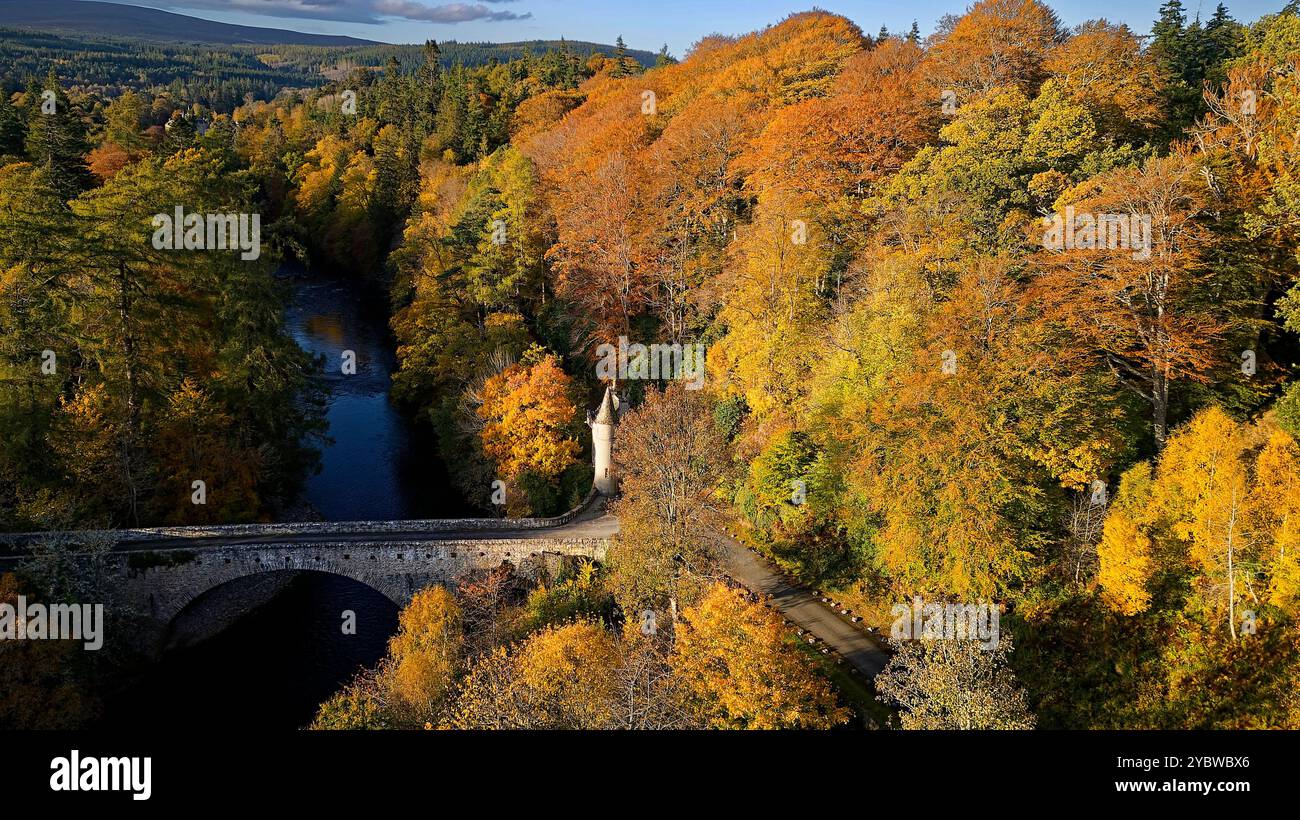 Pont d'Avon Pont sur la rivière Avon à Ballindalloch Moray Écosse entouré de grands arbres aux couleurs vives de l'automne Banque D'Images