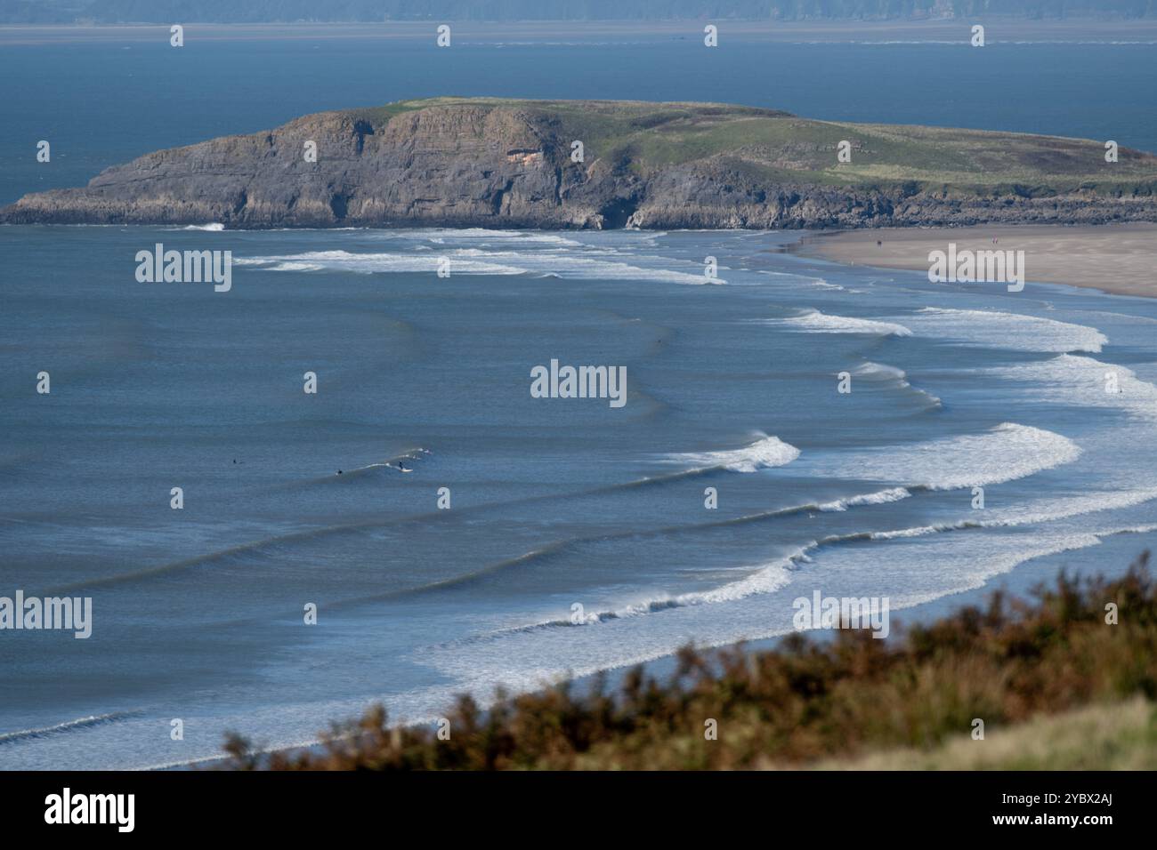 Surf à Rhossili avec des lignes de surf offshore . Un surfeur décolle sur une longue vague de pause plage à la plage de Llangennith près de Burry Holmes. Banque D'Images