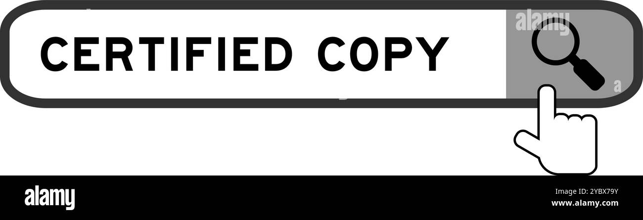 Bannière de recherche en copie certifiée Word avec icône loupe de main sur fond blanc Illustration de Vecteur