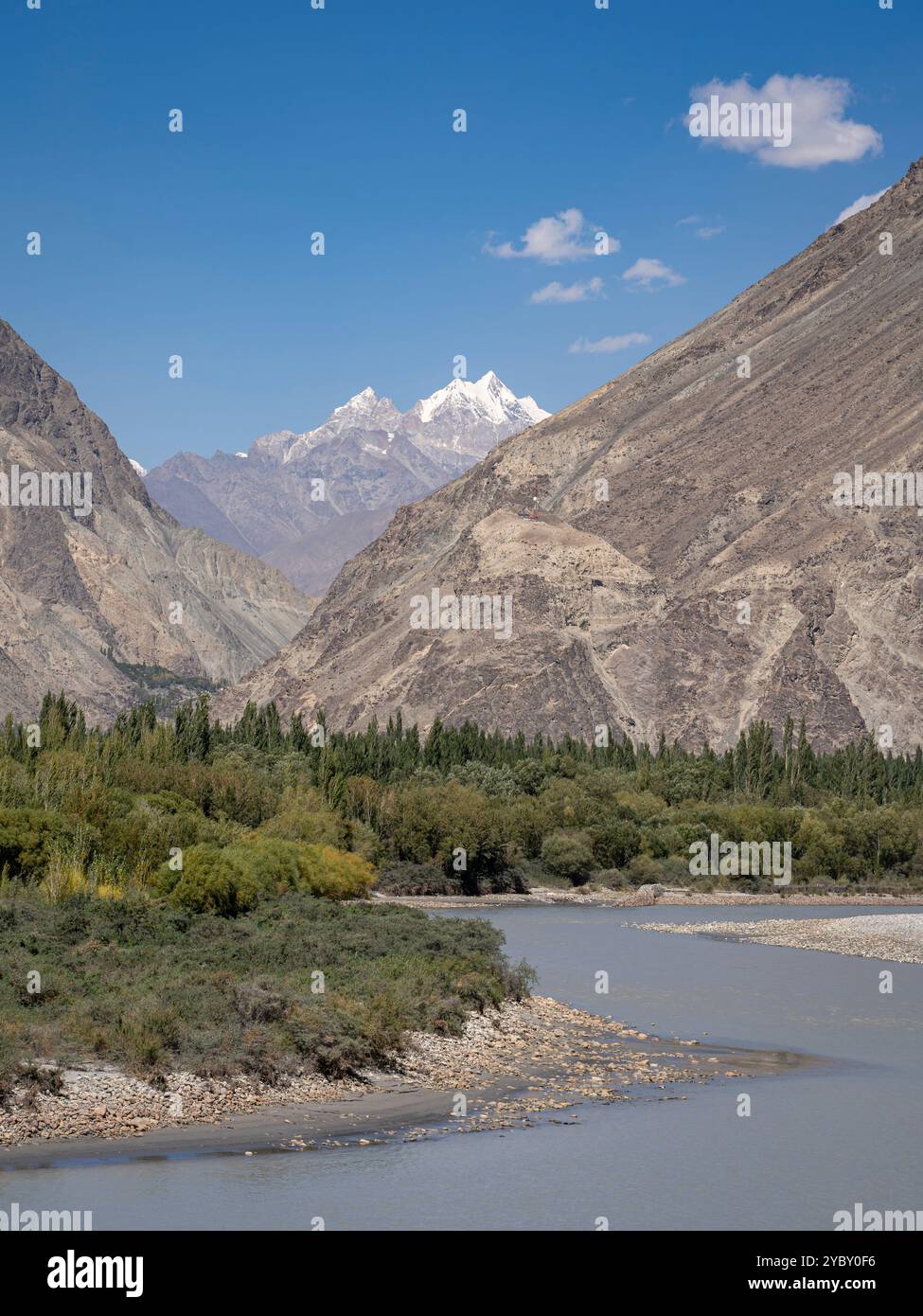 Paysage vertical pittoresque de la vallée de la rivière Shyok avec les sommets du Karakoram en arrière-plan, Ghanche, Gilgit-Baltistan, Pakistan Banque D'Images