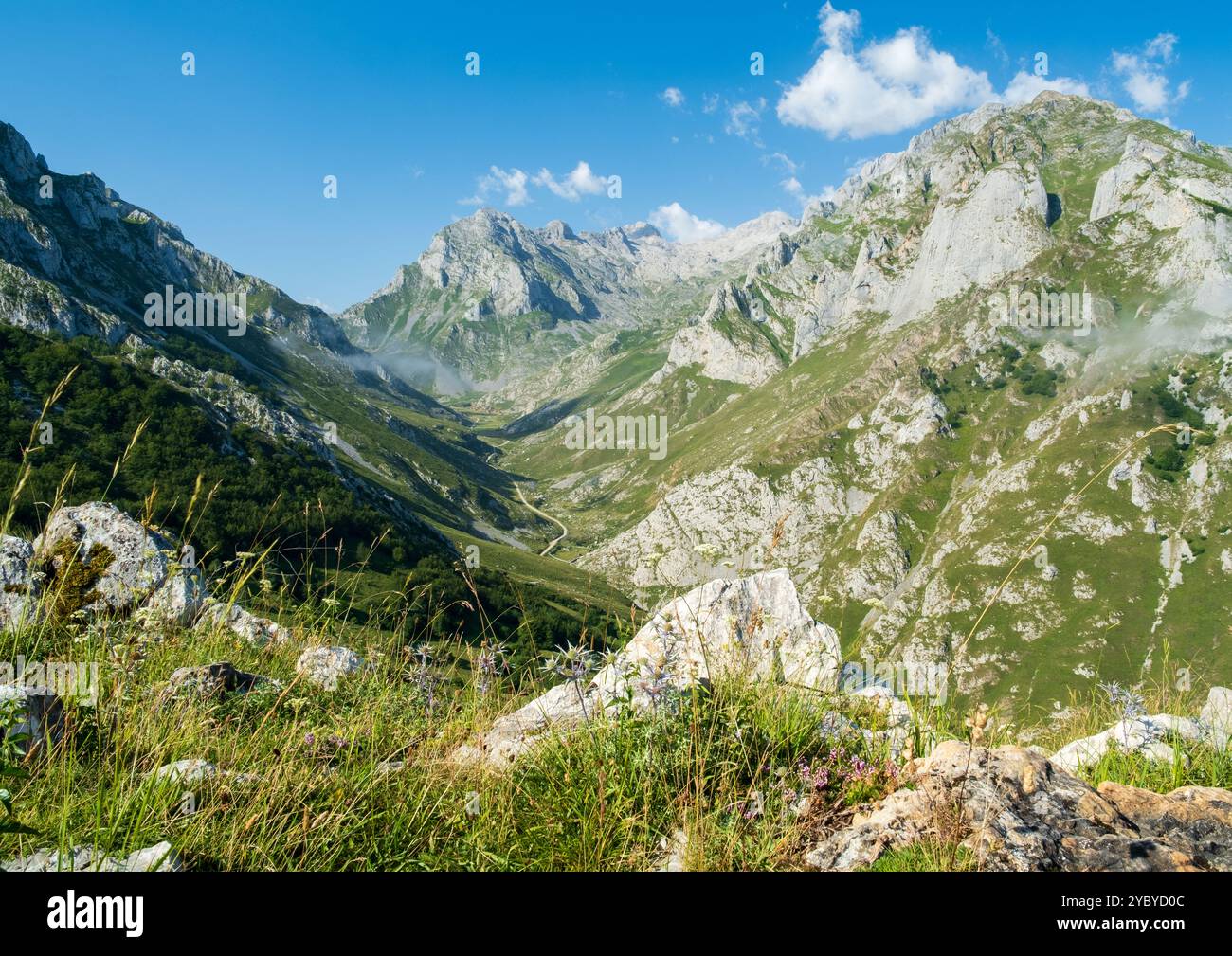 photo d'un beau paysage de montagne dans lequel vous pouvez voir un chemin sinueux qui traverse le fond d'une vallée entourée de hautes montagnes sur le Banque D'Images