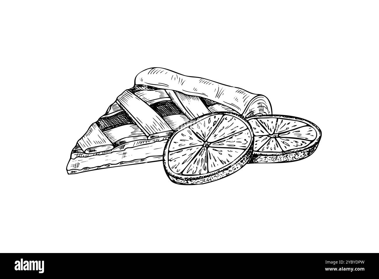 Tranche de tarte sablée vectorielle avec des tranches de fruits orange illustration peinte à l'encre noire. Ligne de gâteau à tarte graphique monochrome art élément alimentaire Illustration de Vecteur