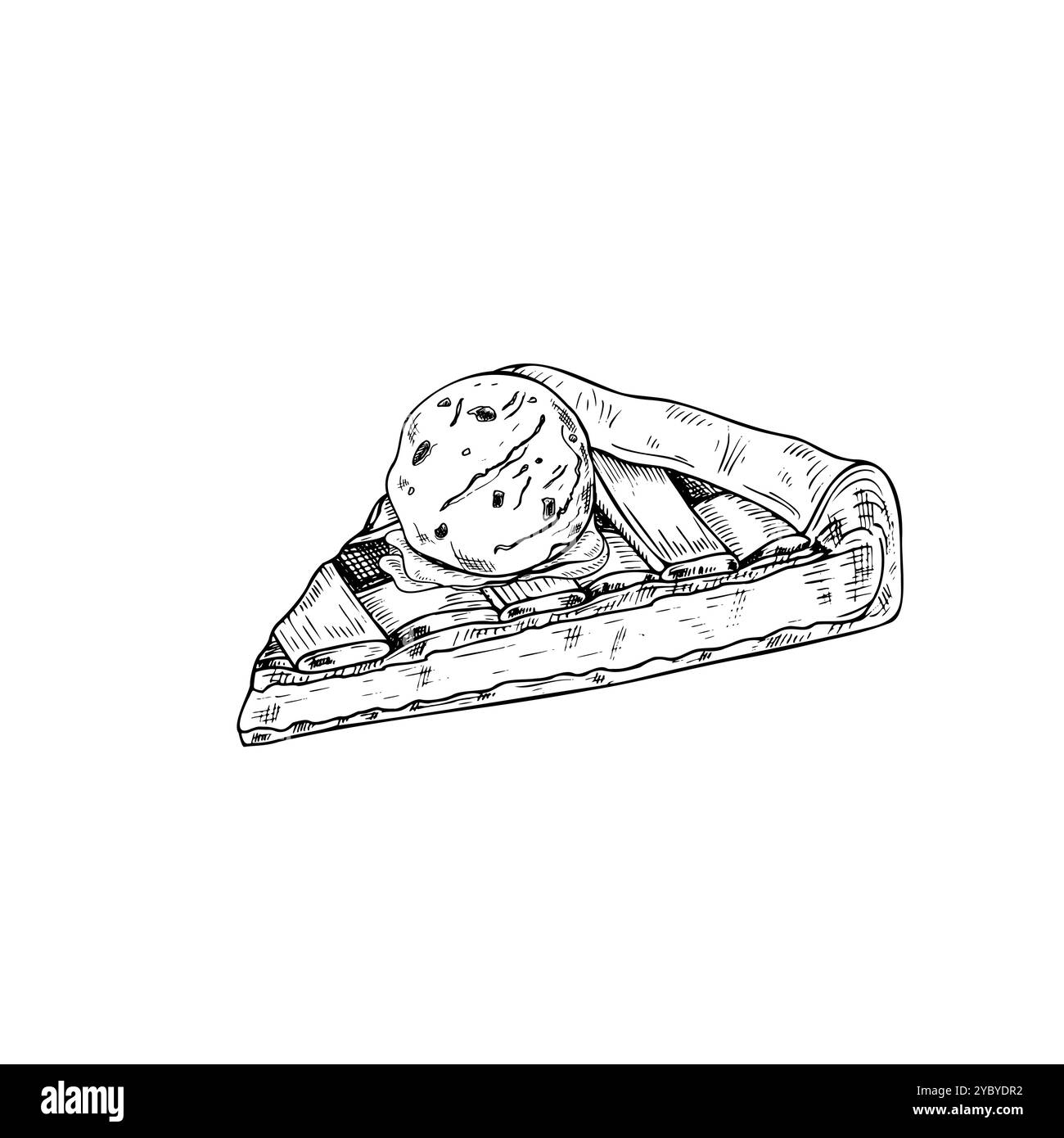 Tranche de tarte aux pommes servie avec de la crème glacée sur l'illustration vectorielle supérieure. Graphique fait maison tarte aux fruits dessert monochrome ligne art noir et blanc dessin. Illustration de Vecteur