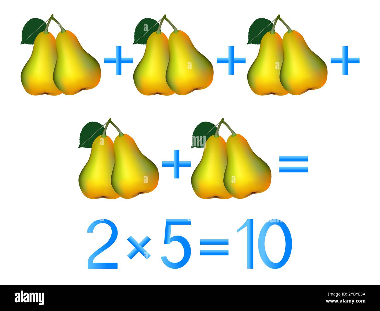 Jeux éducatifs pour enfants, action de multiplication, exemple avec des poires. Illustration de Vecteur