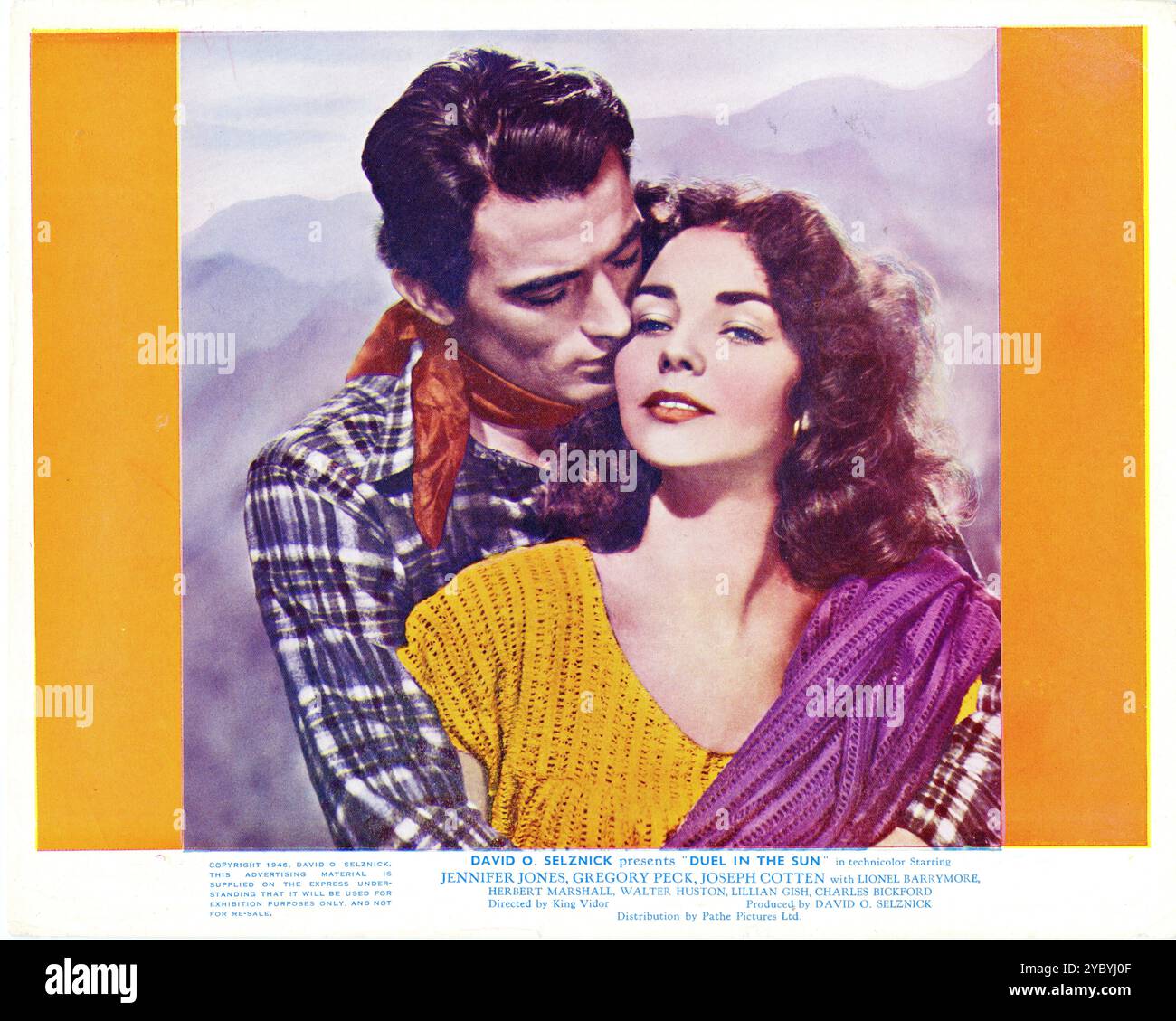British Lobby Card de GREGORY PECK dans le rôle de Lewt McCanless et JENNIFER JONES dans le rôle de Pearl Chavez dans DUEL IN THE SUN 1946 réalisateur KING VIDOR roman NIVEN BUSCH scénario DAVID O. SELZNICK costume Design WALTER PLUNKETT musique DIMITRI TIOMKIN Selznick International Pictures / Vanguard films / Selznick Releasing Organization Banque D'Images