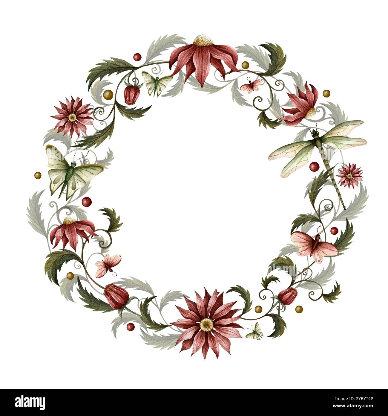 Couronne de fleurs, plantes, libellule, papillon et baie. Illustration aquarelle. Peut utiliser sur les cartes postales, sites Web, enseigne de magasin, livret, ajouter, composition Banque D'Images