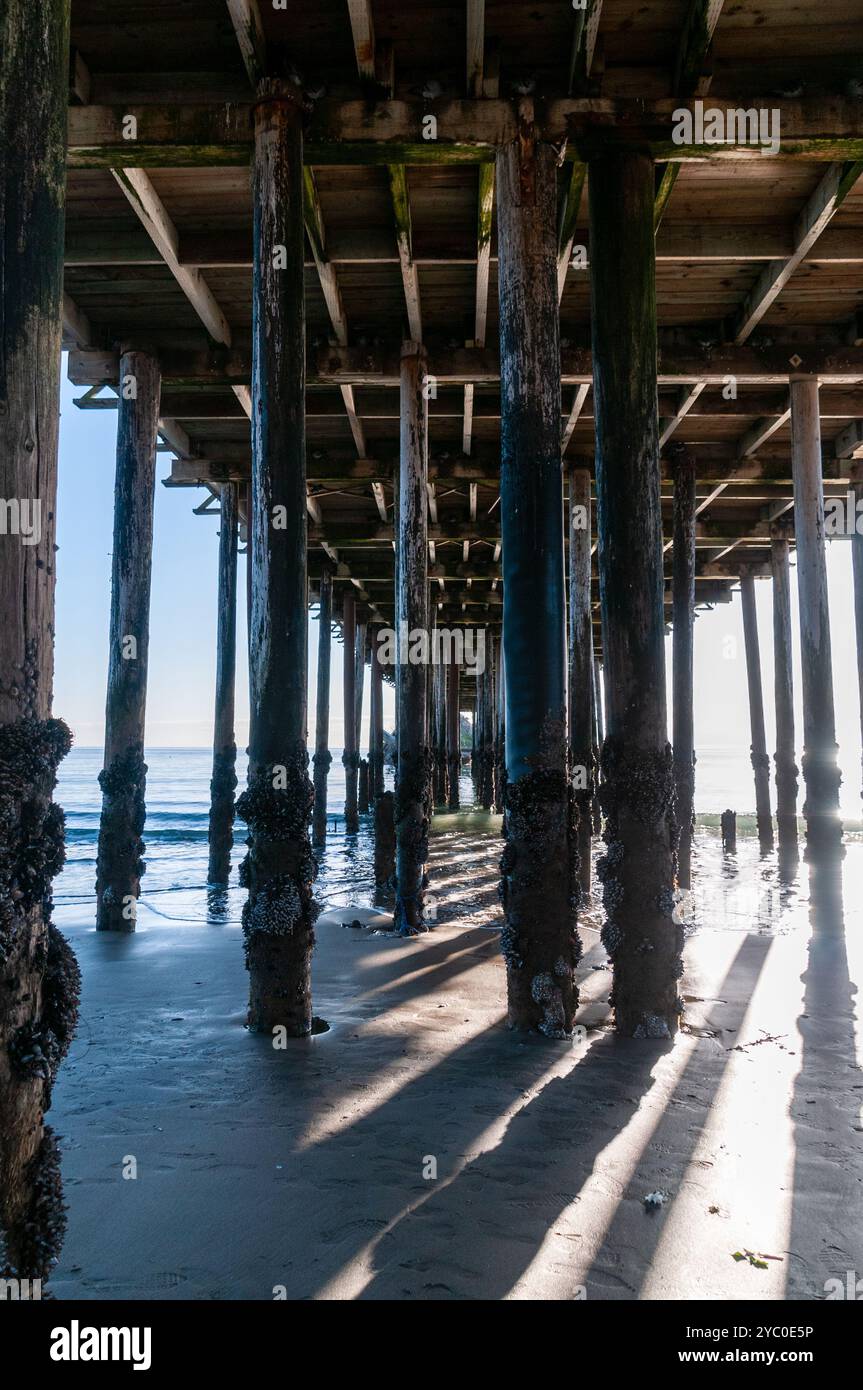 Plan extérieur de la structure de support en bois qui porte le quai Sea Cliff près d'Aptos, Californie. Banque D'Images