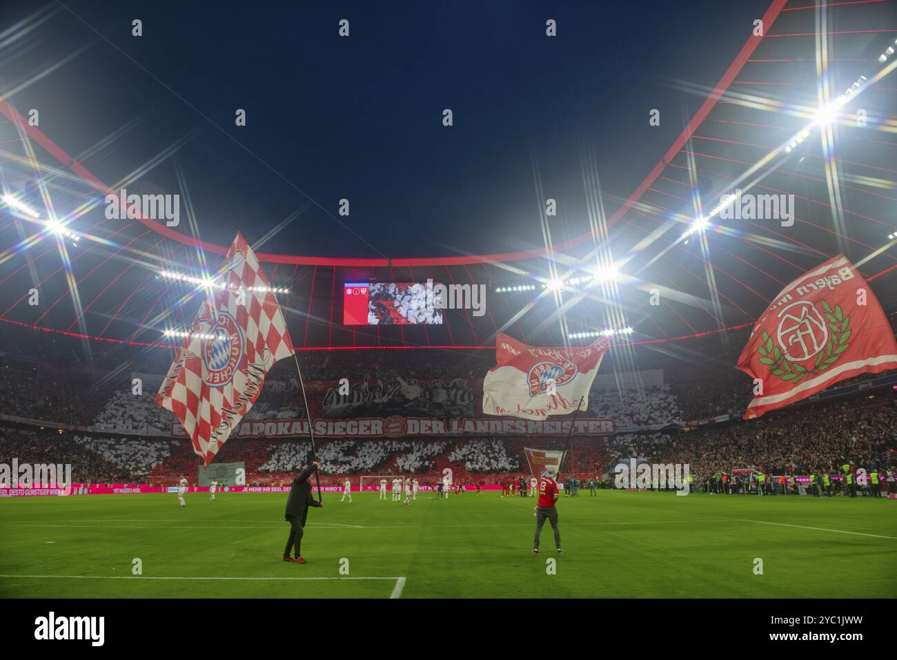 Tableau de bord. Chorégraphie, chorée, 50e anniversaire des vainqueurs de la Coupe d'Europe, agitant le drapeau, atmosphérique, Allianz Arena, illuminé, Munich, Bavière Banque D'Images