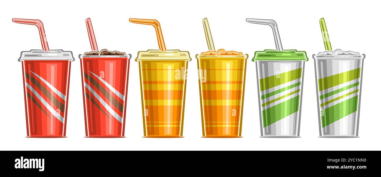 Vector Paper Cup Set pour boissons gazeuses, bannière avec collection d'illustrations découpées de 6 boissons froides différentes avec de la paille, groupe de grand p coloré Illustration de Vecteur