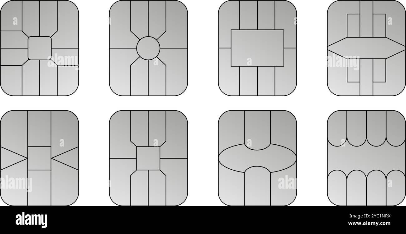 Icônes vectorielles d'argent de puce EMV. Paiement sans contact aux terminaux et aux distributeurs automatiques de billets. Micropuces informatiques carrées pour cartes de crédit et de débit. Définir le symbole nfc de ligne. Illustration de Vecteur