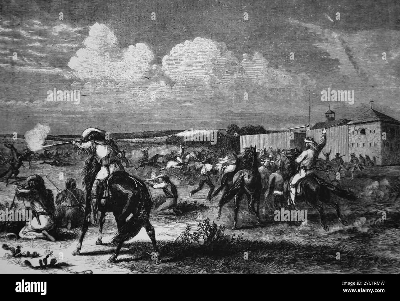 Un groupe d'éclaireurs combattant une bousculade de chevaux commencée par de Sioux à l'extérieur de Fort Union sur la rivière Yellowstone dans le territoire du Dakota. Gravure Banque D'Images