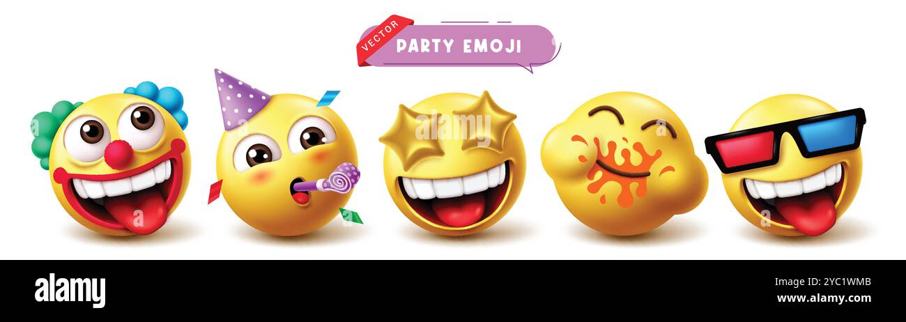 Jeu vectoriel de fête d'anniversaire emoji. Emoji et émoticône anniversaire drôle clown, costume, mascotte, heureux, profiter, collection de personnages coquins et souriants. Vecteur Illustration de Vecteur