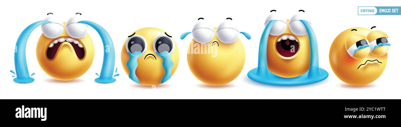 Emoji pleurant 3d jeu de vecteurs d'émoticône. Emojis émoticônes dans le visage triste, pleurs, larmes aux yeux, déçu, douleur et expression faciale malheureuse Illustration de Vecteur