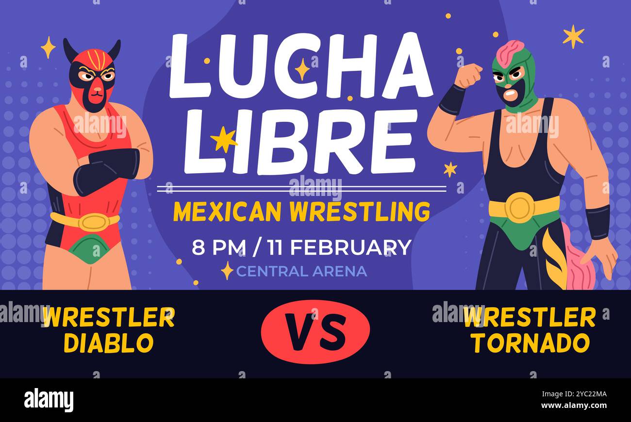 Affiche du spectacle de combat mexicain. Combattre l'invitation. Lutteurs professionnels en costumes et masques traditionnels. Concours Lucha libre. Sportif fort. W Illustration de Vecteur