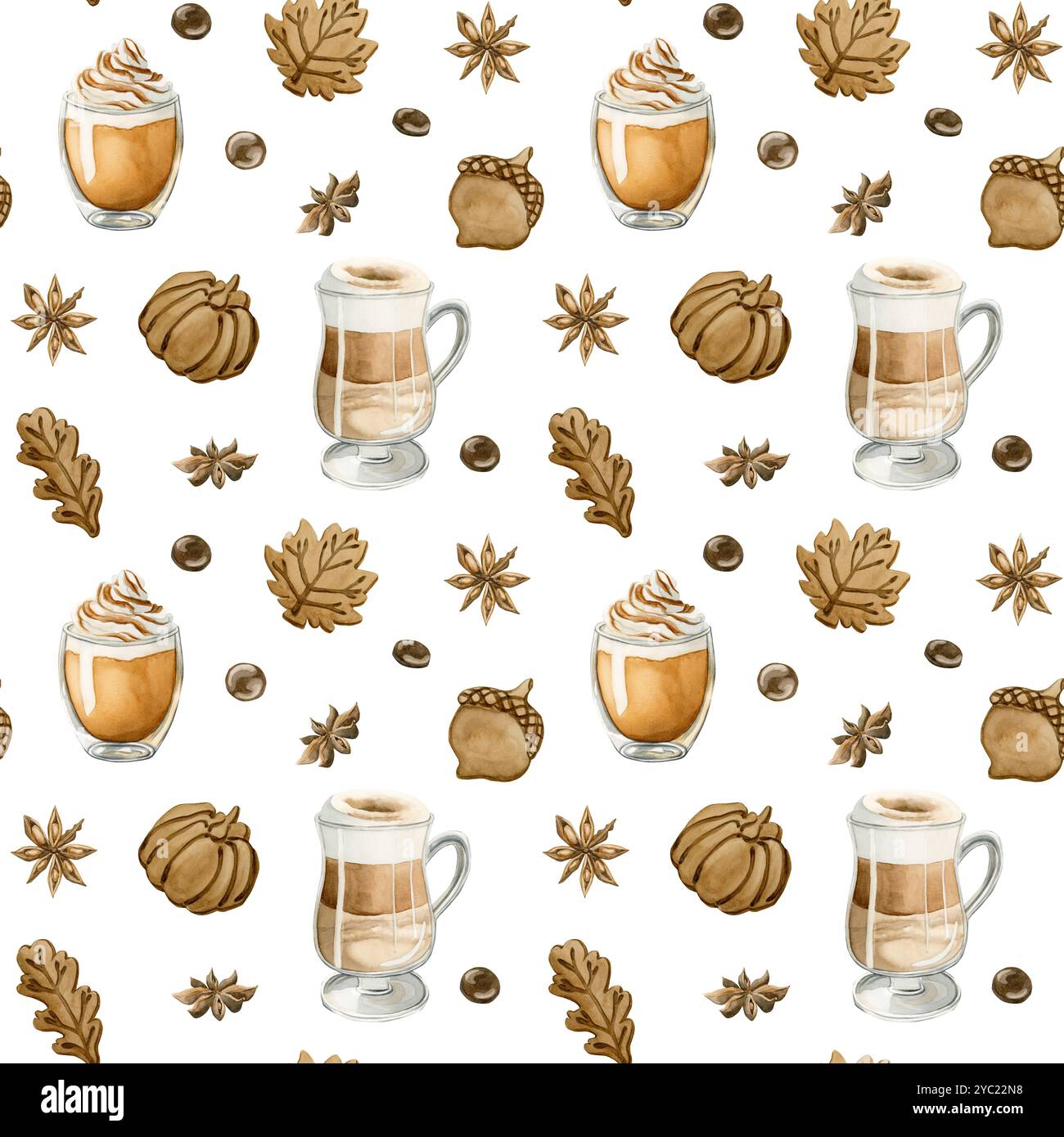 Latte Macchiato au café, latte à la citrouille et biscuits aux feuilles d'automne. Motif sans couture d'aquarelle sur fond blanc pour la conception de boulangerie alimentaire, Banque D'Images