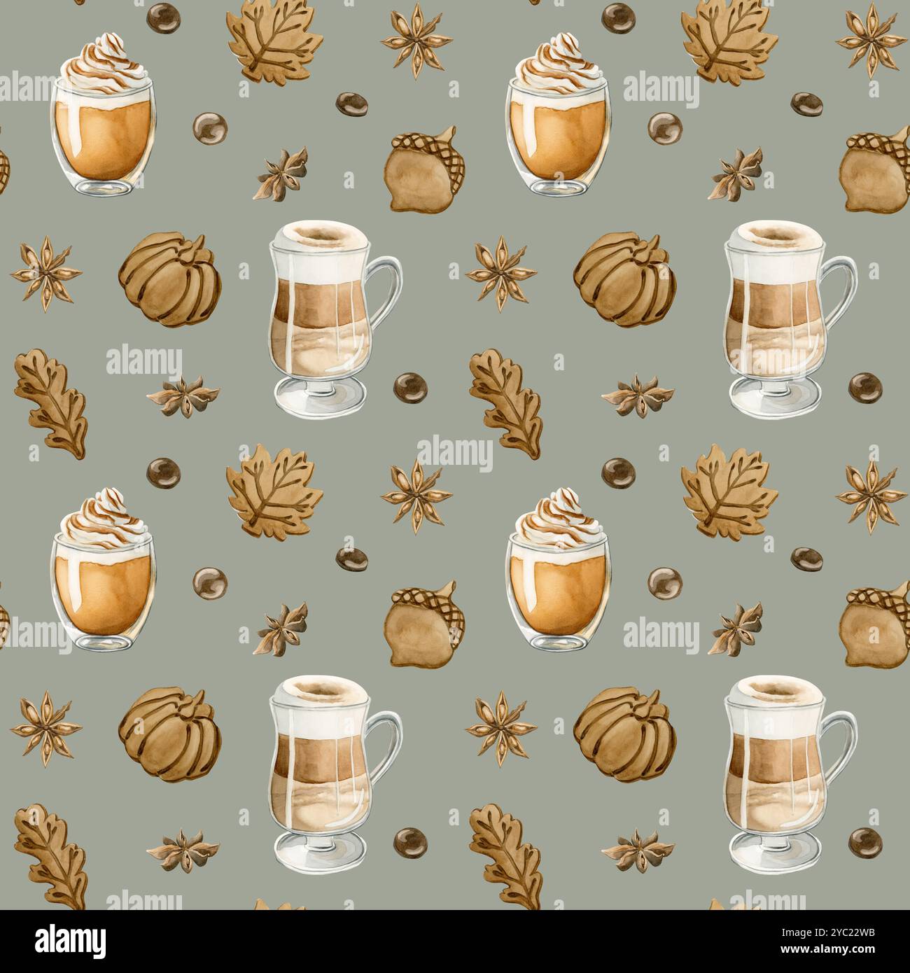 Latte Macchiato au café, latte à la citrouille et biscuits aux feuilles d'automne. Motif sans couture d'aquarelle sur fond vert de sauge pour la boulangerie alimentaire des Banque D'Images