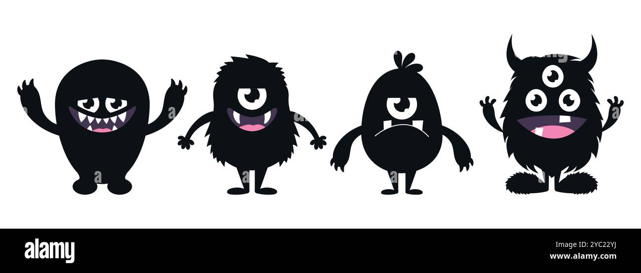 Ensemble de monstres de dessins animés mignons. Silhouettes drôles de créature noire dans un style enfantin. Illustration vectorielle Illustration de Vecteur