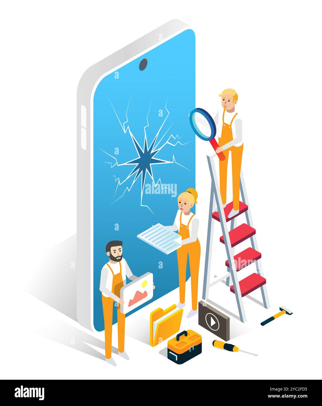 Les employés de service engagés dans la récupération du téléphone endommagé Illustration de Vecteur