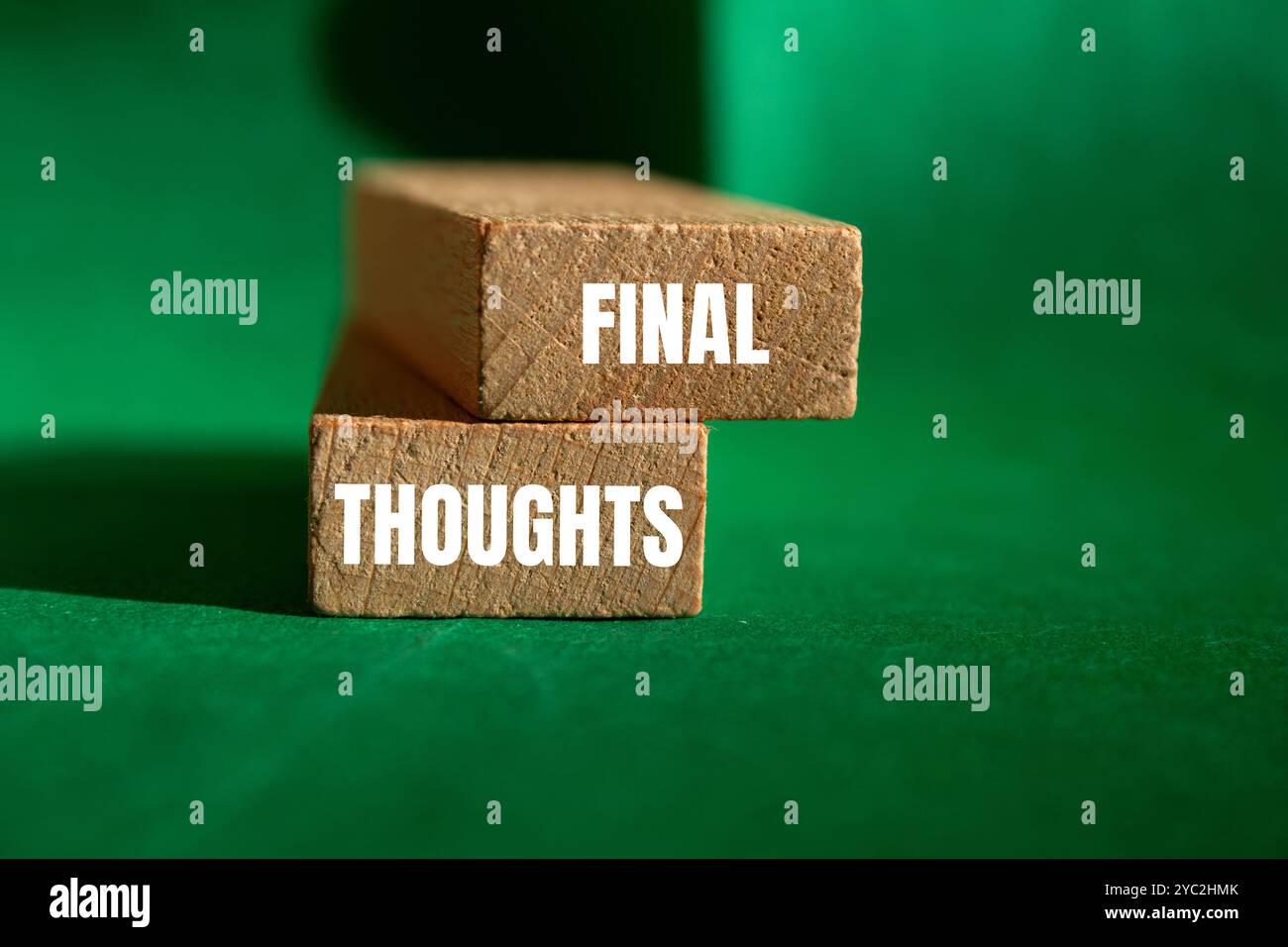 Message final Thoughts écrit sur des blocs de bois avec fond vert. Symbole conceptuel des pensées finales. Copier l'espace. Banque D'Images
