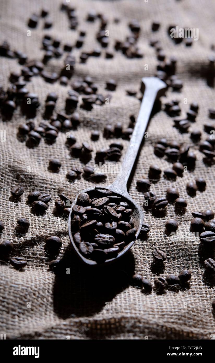 grains de café dans une cuillère en bois sur fond de tissu de sac Banque D'Images