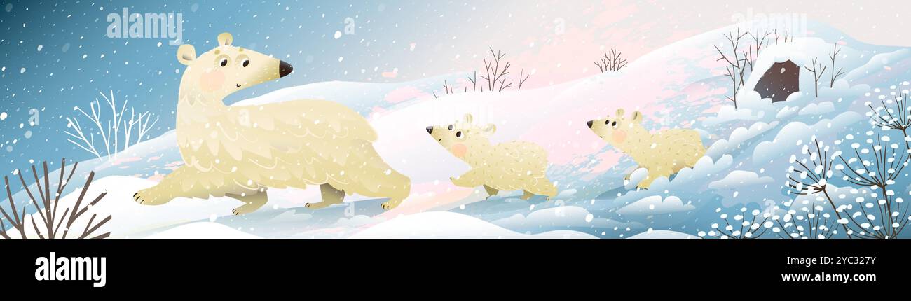 La mère de l'ours polaire et les petits marchent dans le paysage hivernal Illustration de Vecteur