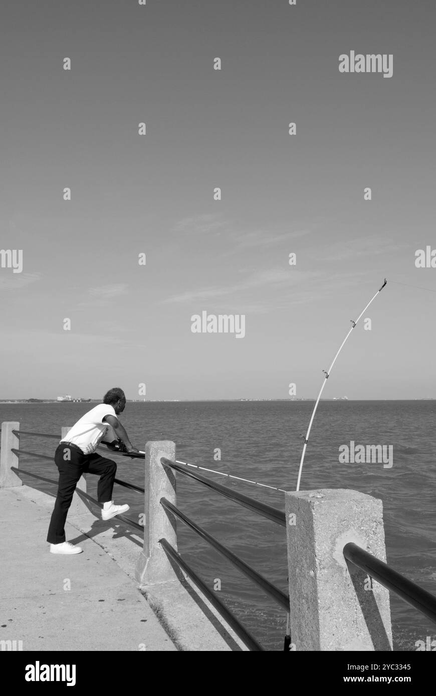 Homme afro-américain mûr pêchant sur la batterie à Charleston, Caroline du Sud, États-Unis, avec le front de mer comme toile de fond pittoresque. Banque D'Images