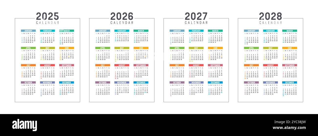 Ensemble de calendrier coloré des États-Unis, planificateur de l'année 2025 2026 2027 2028, fond blanc langue anglaise Illustration de Vecteur