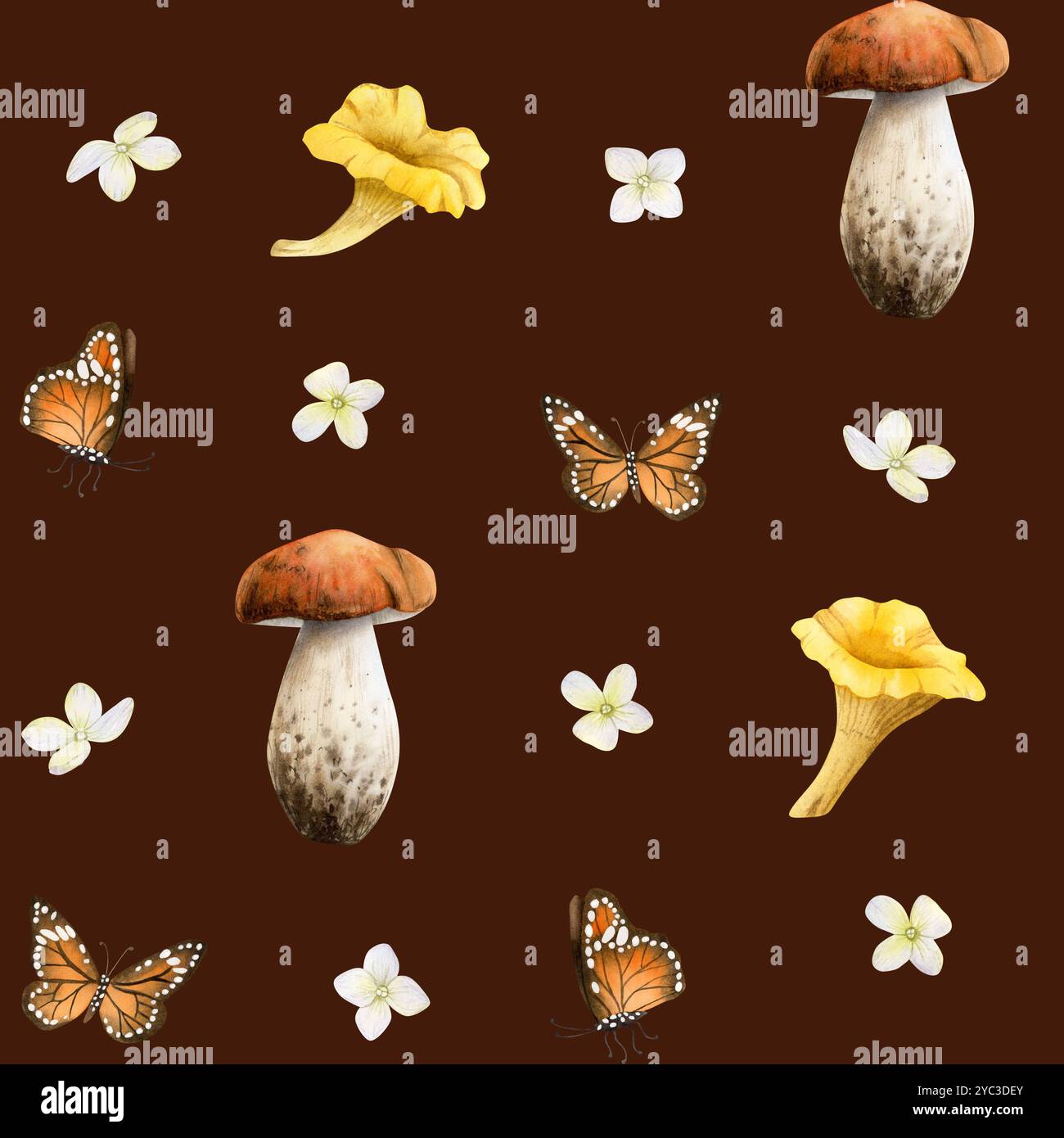 Champignons comestibles de forêt d'aquarelle avec des papillons orange et de petites fleurs blanches motif sans couture sur brun foncé Banque D'Images