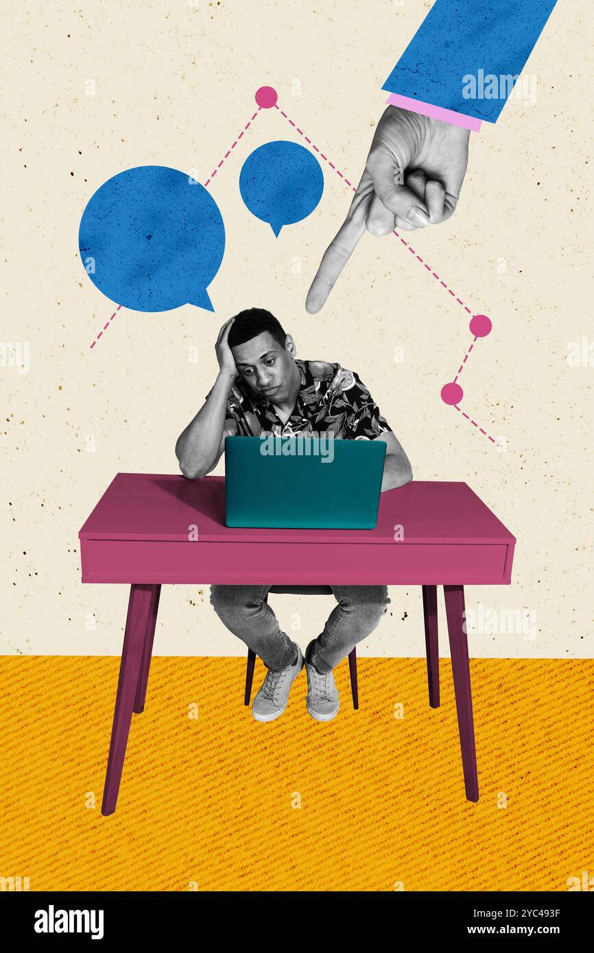 Image d'illustration de collage composite verticale de l'ordinateur portable ARM point Finger mini Guy isolé sur fond créatif Banque D'Images