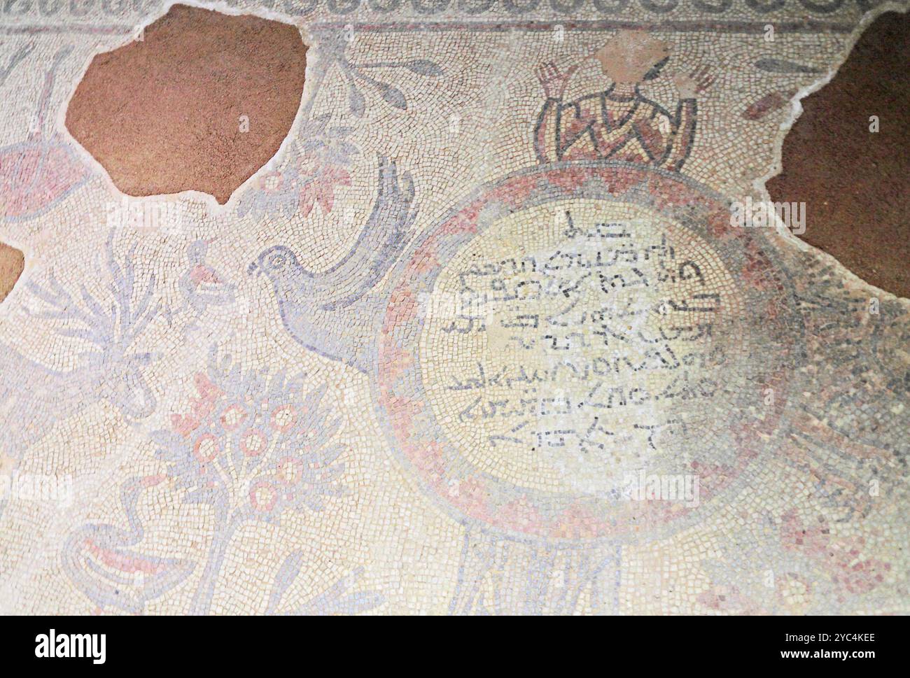 Musée des mosaïques Haleplibahce, Sanliurfa, Sud, est, Turquie montrant l'écriture syriaque dans un cercle entouré par les symboles des quatre apôtres. Banque D'Images