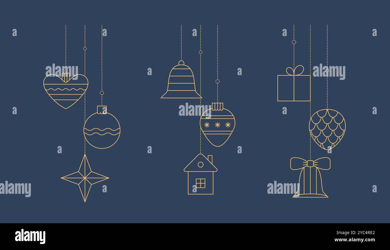 Silhouette linéaire de contour élégant doré du jouet de boule de Noël, boule, étoile. Décoration vectorielle de Noël de vacances pour carte, bannière, affiche. Illustration de Vecteur