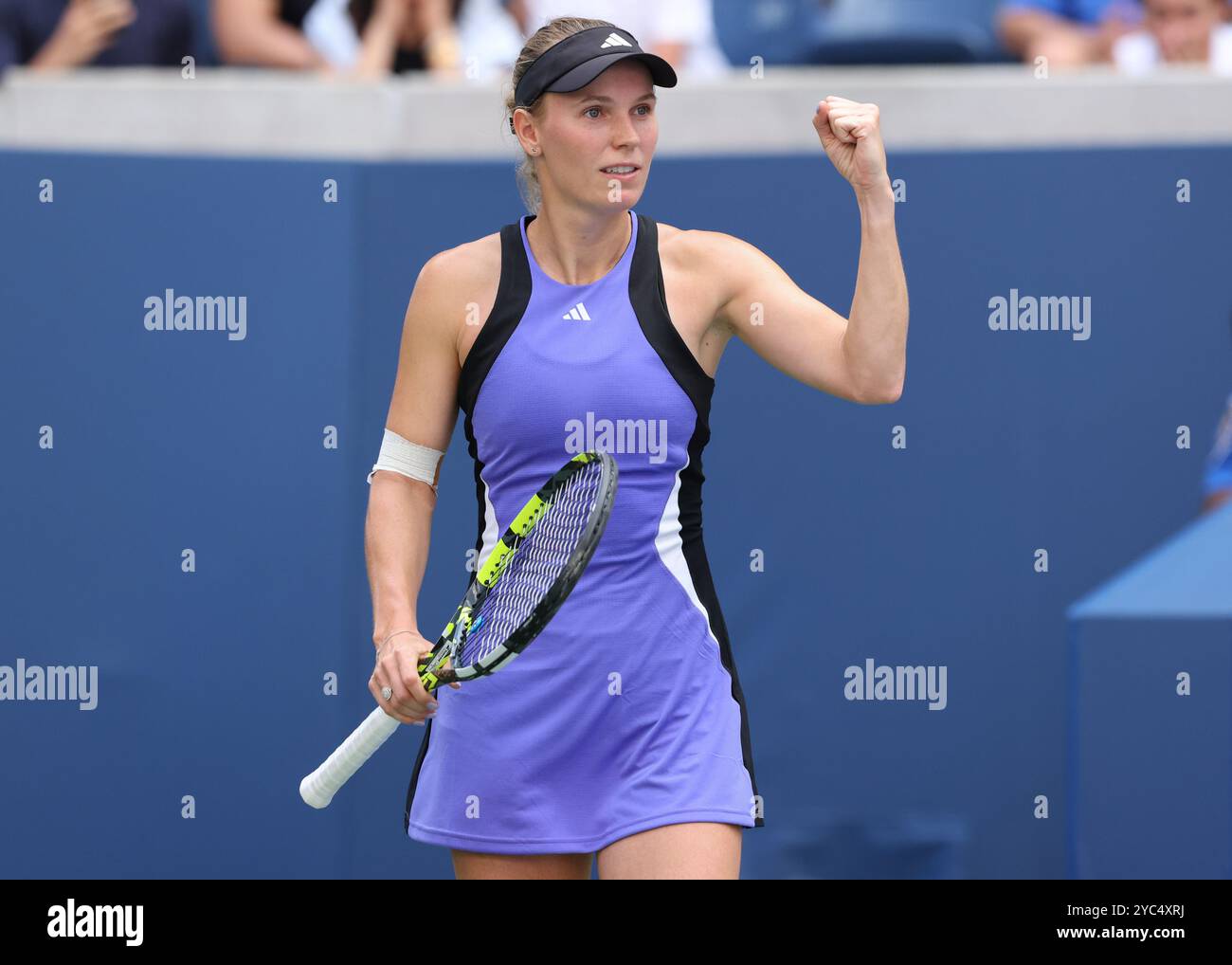 La joueuse de tennis Caroline Wozniacki du Danemark célèbre aux US Open 2024 Championships, Billie Jean King Tennis Center, Queens, New York, États-Unis. Banque D'Images