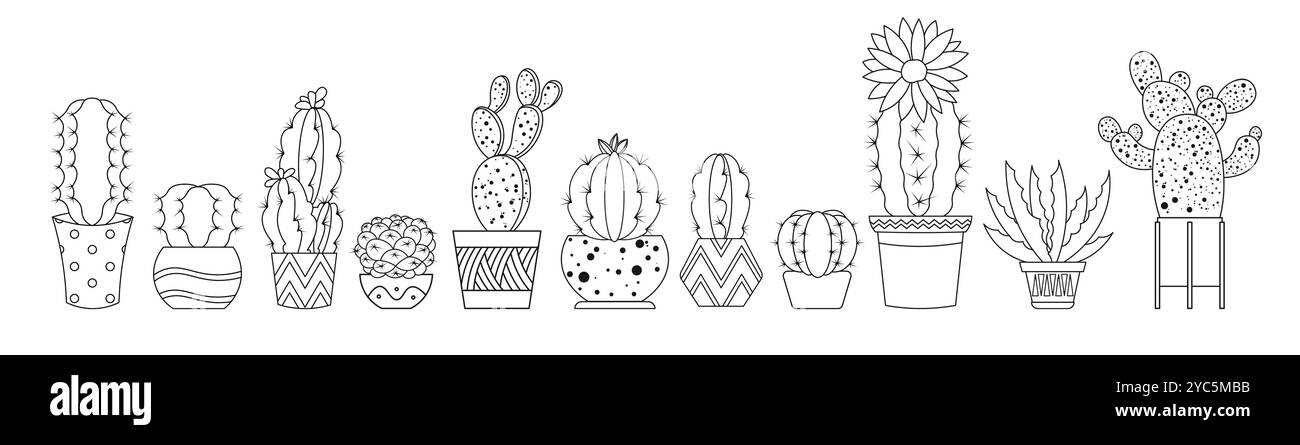 Usines en ligne. Fleur de cactus, logo succulent en pot. Motif de maison tropical simple, silhouette d'été linéaire, fleur de cactus de patrie. Elément isolé dessiné à la main pour décor. Icônes de contour de conception vectorielle Illustration de Vecteur