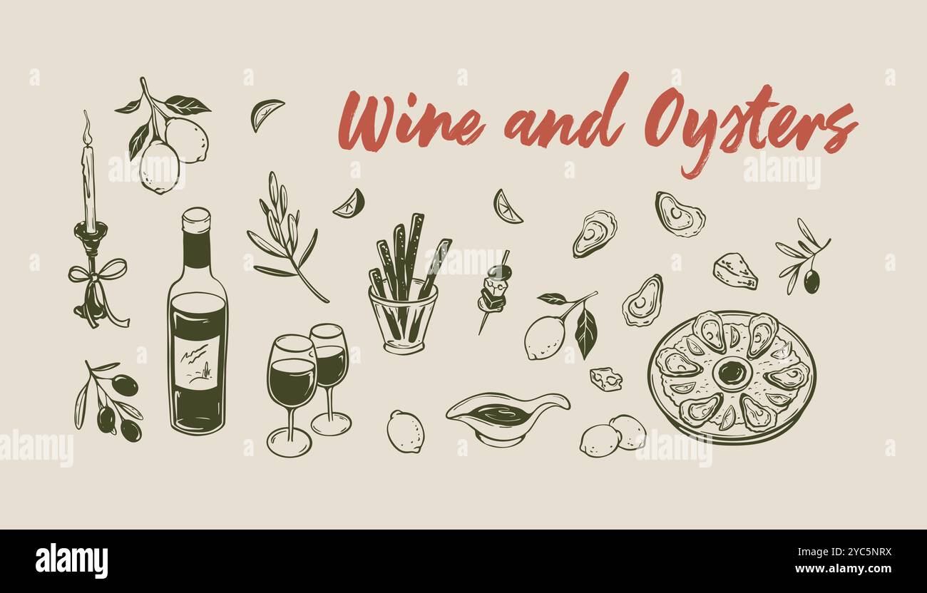 Fond rectangle horizontal à écriture manuscrite minimaliste du vin et des huîtres. Restaurant de poissons et fruits de mer et menu de bar. Illustration vectorielle de gravure dessinée à la main Illustration de Vecteur