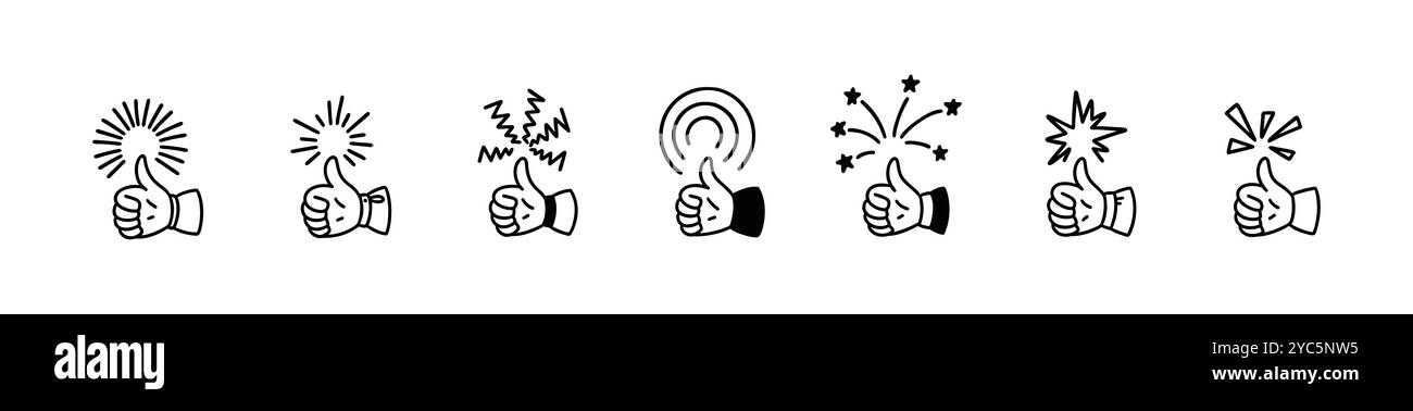 Jeu d'icônes de griffonnage de ligne de pouce vers le haut. Bonne expression. Illustration vectorielle d'esquisse manuelle. Commentaire sur les réseaux sociaux, poster J'aime, symbole de taux. Client positif Illustration de Vecteur