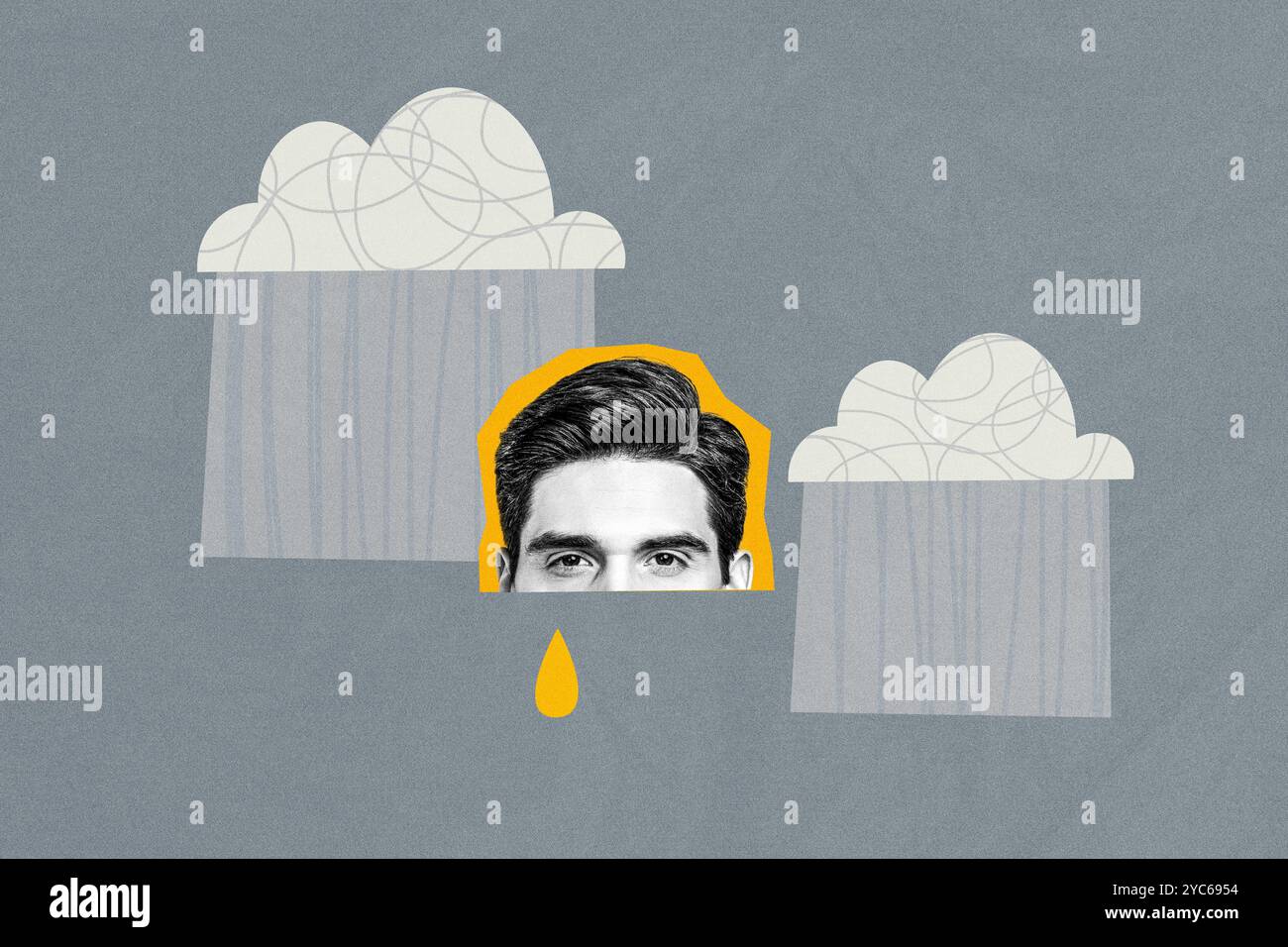 Affiche de collage créative jeune homme dépression pleurer ciel larme nuages pluie douche mélancolie triste bouleversement d'humeur négative solitude Banque D'Images