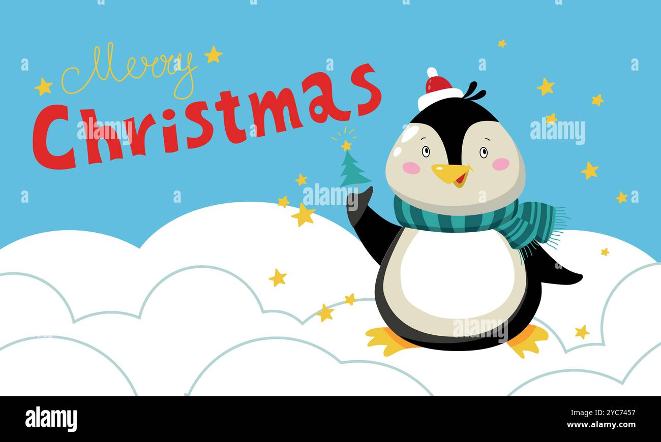 Joyeuse bannière de noël avec pingouin mignon et étoiles. Image clipart. Carte de vacances du nouvel an sur un fond d'hiver. Illustration de Vecteur